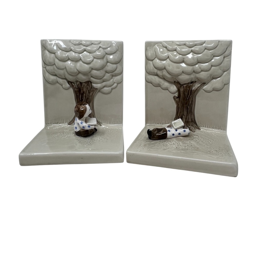 Fitz & Floyd Bookends 1976 Boy Napping Girl Reading Neutral Library Kids Room